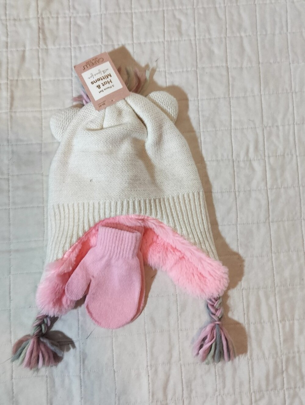 Kids Cream Knit Hat with Pink Lining and Matching Pink Mittens